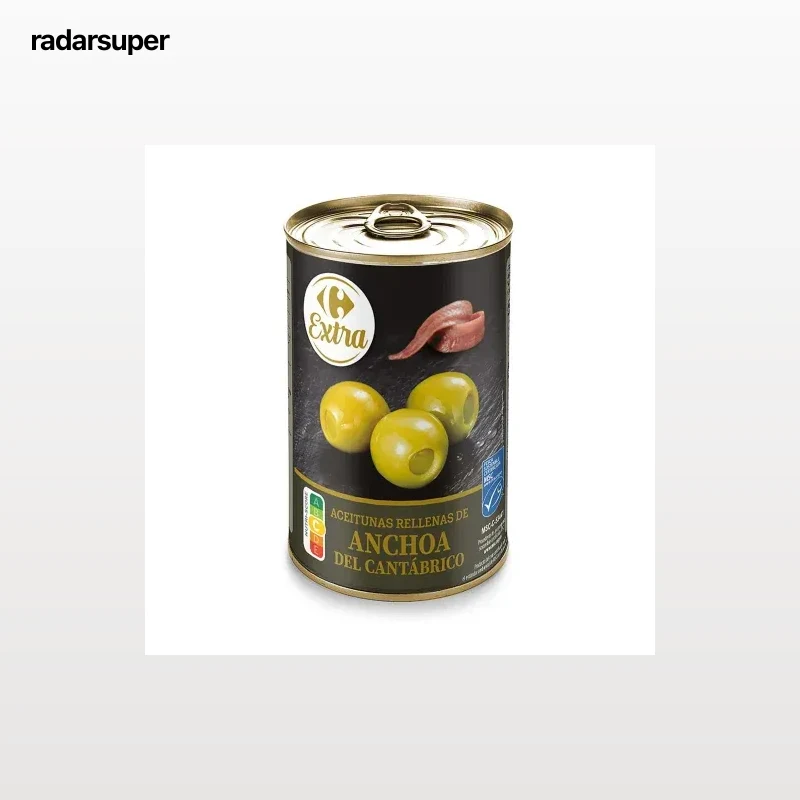 Aceitunas rellenas de anchoas del Cantábrico Extra Carrefour 150 g.