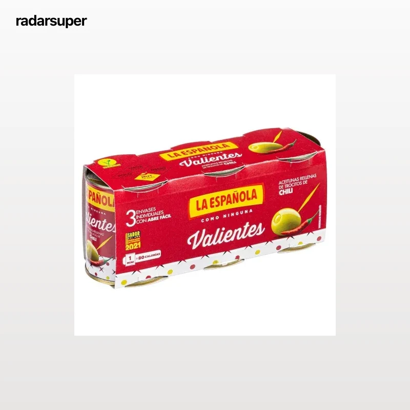 Aceitunas rellenas de chili Valientes La Española sin gluten pack de 3 latas de 50 g.