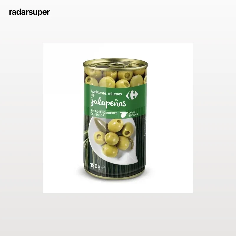 Aceitunas rellenas de jalapeños Carrefour sin gluten y sin lactosa 150 g.