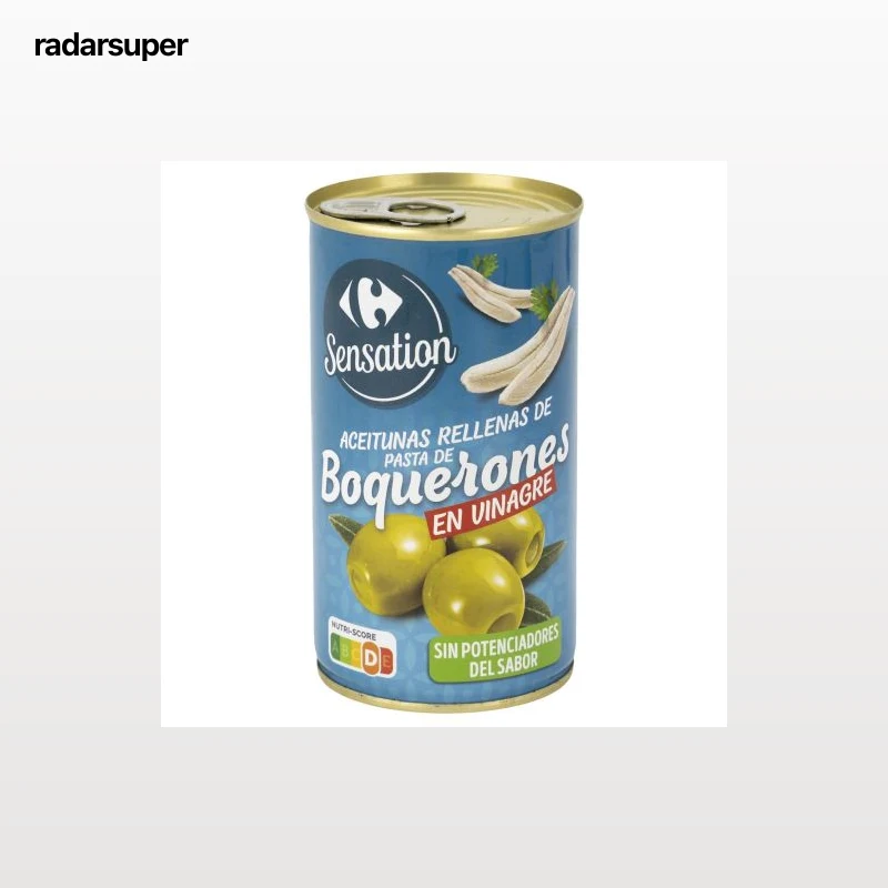 Aceitunas rellenas de pasta de boquerón en vinagre Sensation Carrefour 150 g.