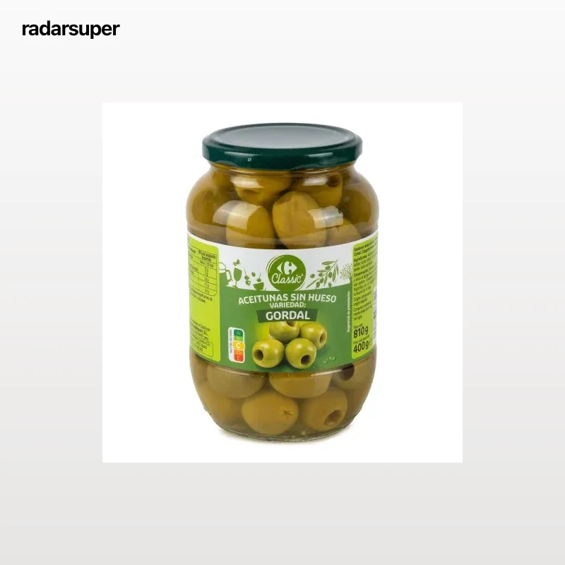 Aceitunas verdes gordal sin hueso Classic Carrefour 400 g.