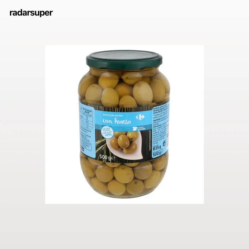 Aceitunas verdes manzanilla con hueso bajo contenido en sal Carrefour 500 g.