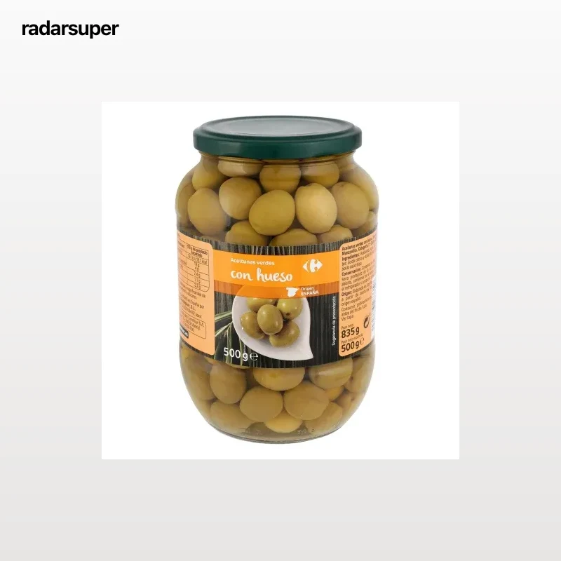 Aceitunas verdes manzanilla con hueso Carrefour 500 g.