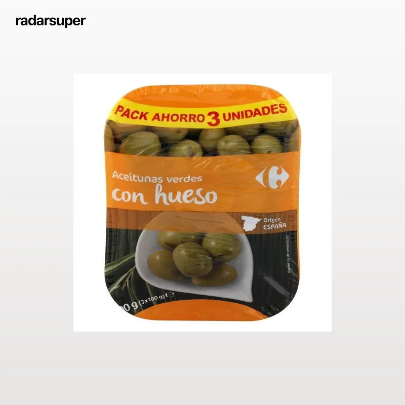 Aceitunas verdes manzanilla con hueso Carrefour pack de 3 bolsas de 100 g.