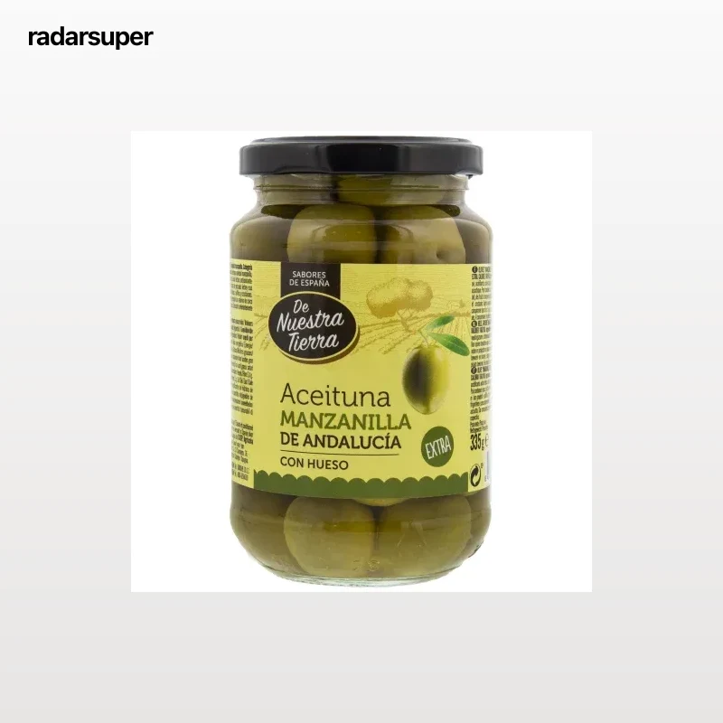 Aceitunas verdes manzanilla con hueso De Nuestra Tierra 210 g.