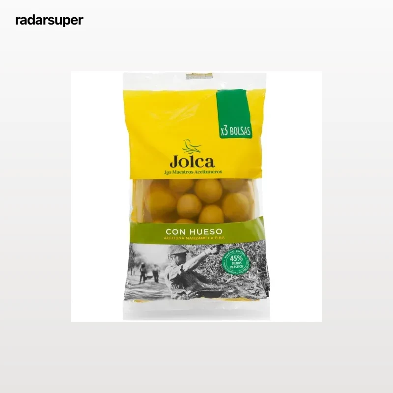 Aceitunas verdes manzanilla con hueso Jolca pack de 3 bolsas de 65 g.