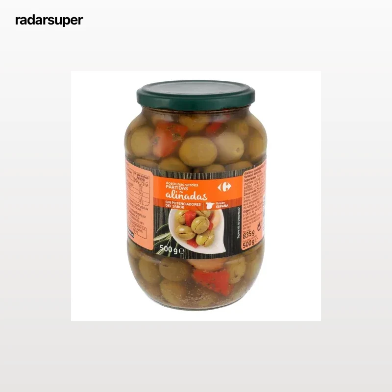 Aceitunas verdes manzanilla partidas y aliñadas Carrefour 500 g.
