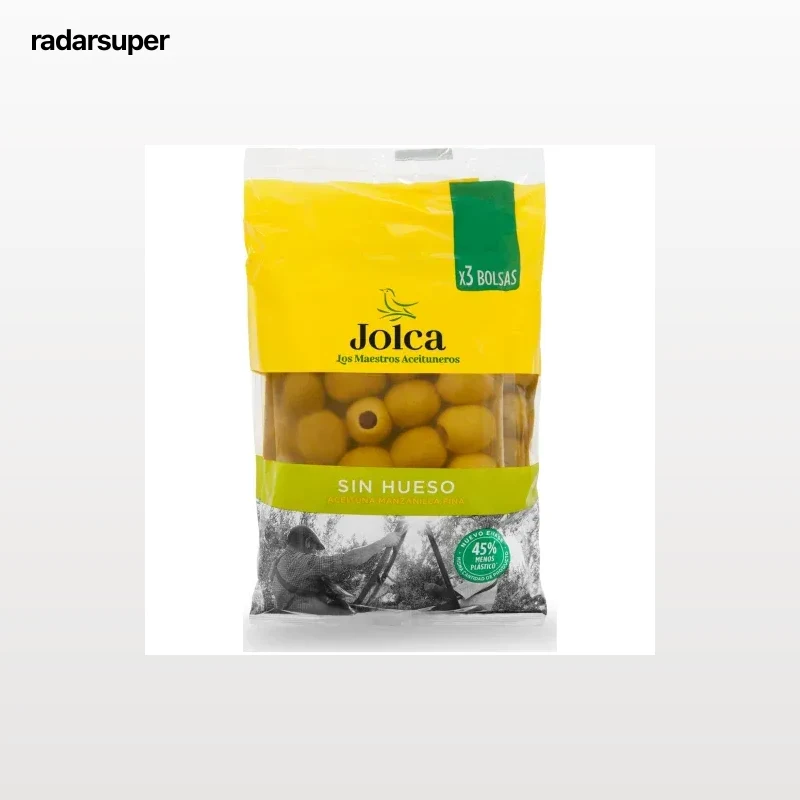 Aceitunas verdes manzanilla sin hueso Jolca pack de 3 bolsas de 50 g.