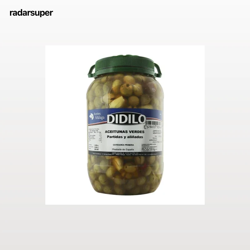 Aceitunas verdes partidas variedad hojiblanca Didilo 2,2 kg.