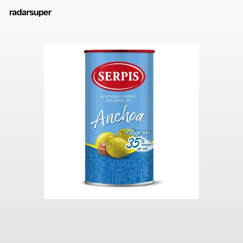 Aceitunas verdes rellenas de anchoa 35% menos de sal Ligeras Serpis sin gluten y sin lactosa 150 g.