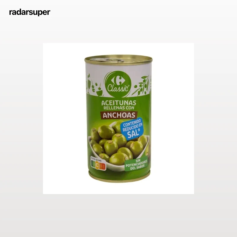 Aceitunas verdes rellenas de anchoa bajas en sal Classic Carrefour 150 g.