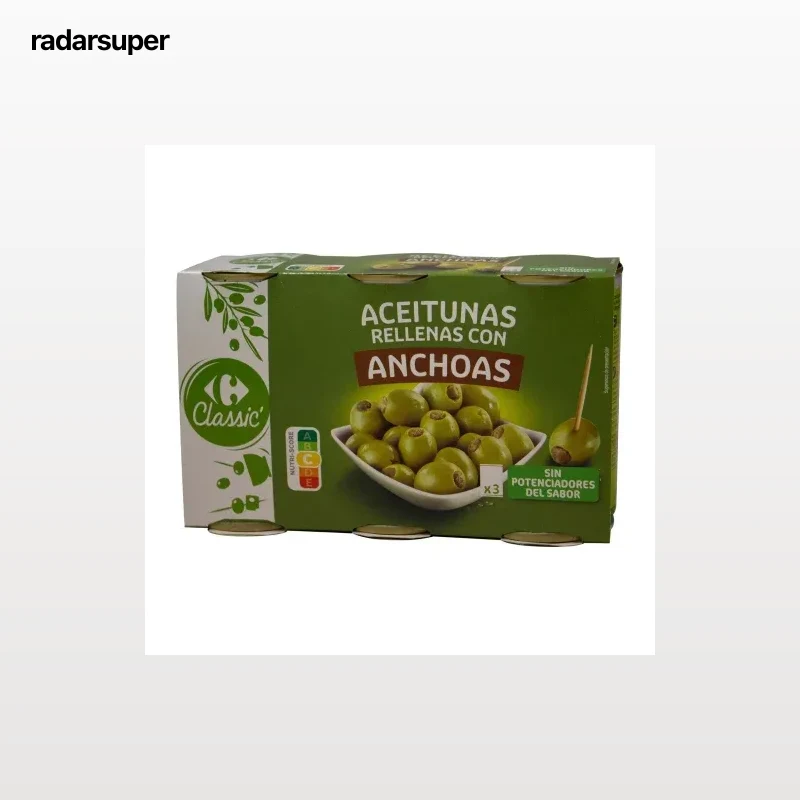 Aceitunas verdes rellenas de anchoa Classic Carrefour pack de 3 unidades de 150 g.