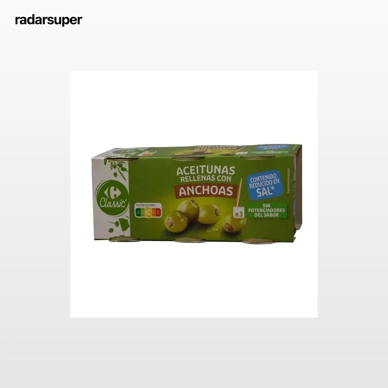 Aceitunas verdes rellenas de anchoa contenido reducido en sal Classic Carrefour pack 3 latas de 50 g