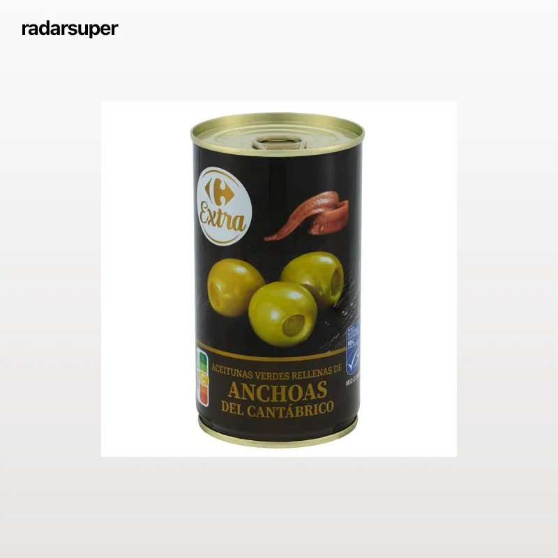 Aceitunas verdes rellenas de anchoa del Cantábrico Extra Carrefour 150 g.