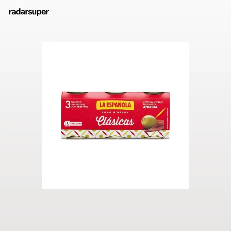 Aceitunas verdes rellenas de anchoa La Española sin gluten 3 pack de 50 g.