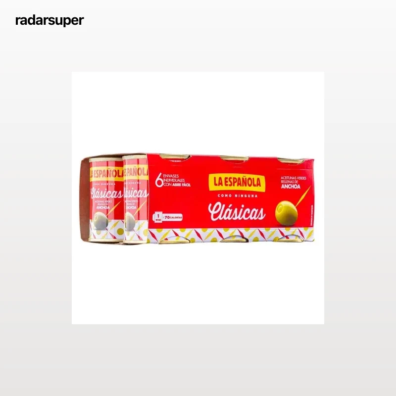 Aceitunas verdes rellenas de anchoa La Española sin gluten pack de 6 latas de 50 g.