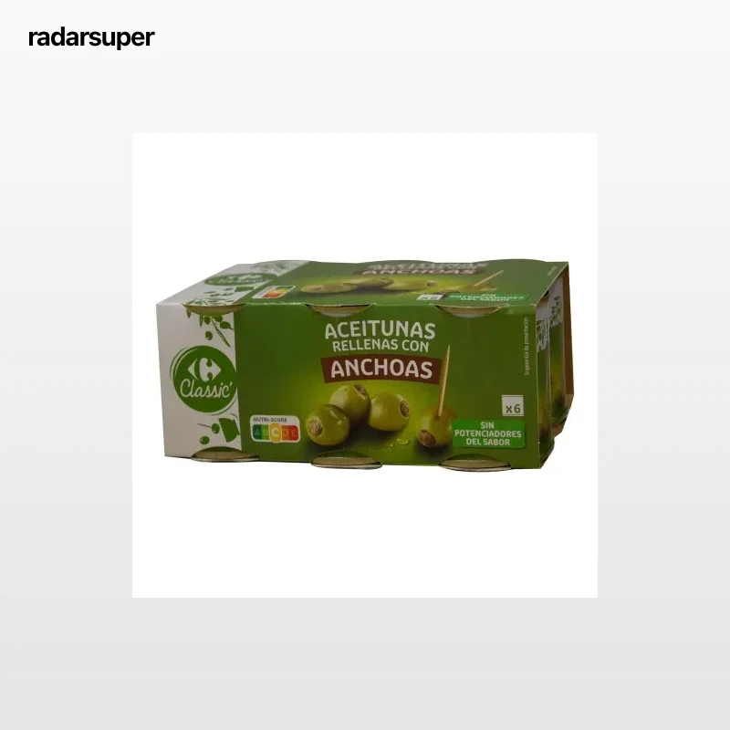 Aceitunas verdes rellenas de anchoa nueva receta Carrefour pack de 6 latas de 50 g