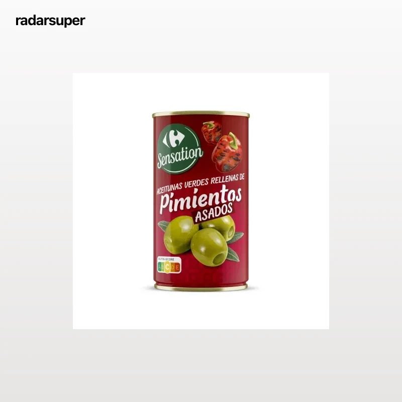 Aceitunas verdes rellenas de pimientos asados Sensation Carrefour 150 g.