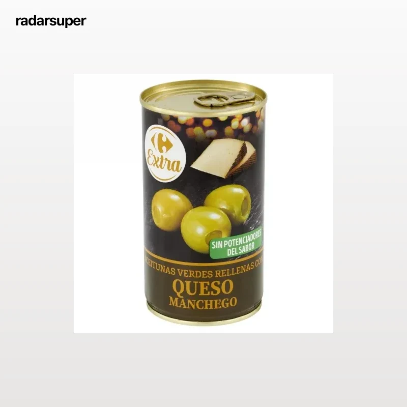 Aceitunas verdes rellenas de queso manchego Extra Carrefour 150 g.