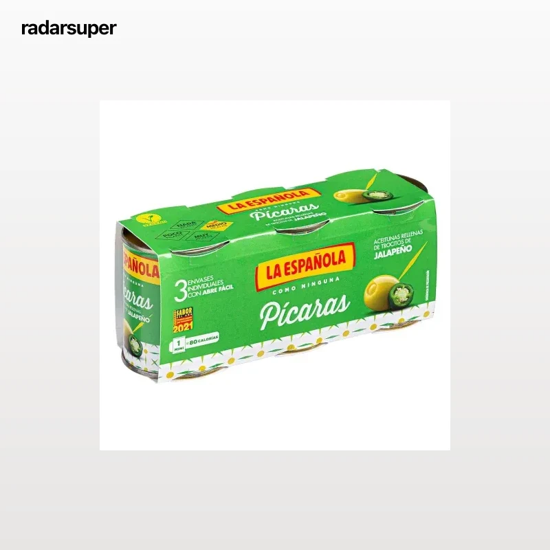 Aceitunas verdes rellenas de trocitos de jalapeño Pícaras La Española sin gluten pack de 3 latas de 50 g.