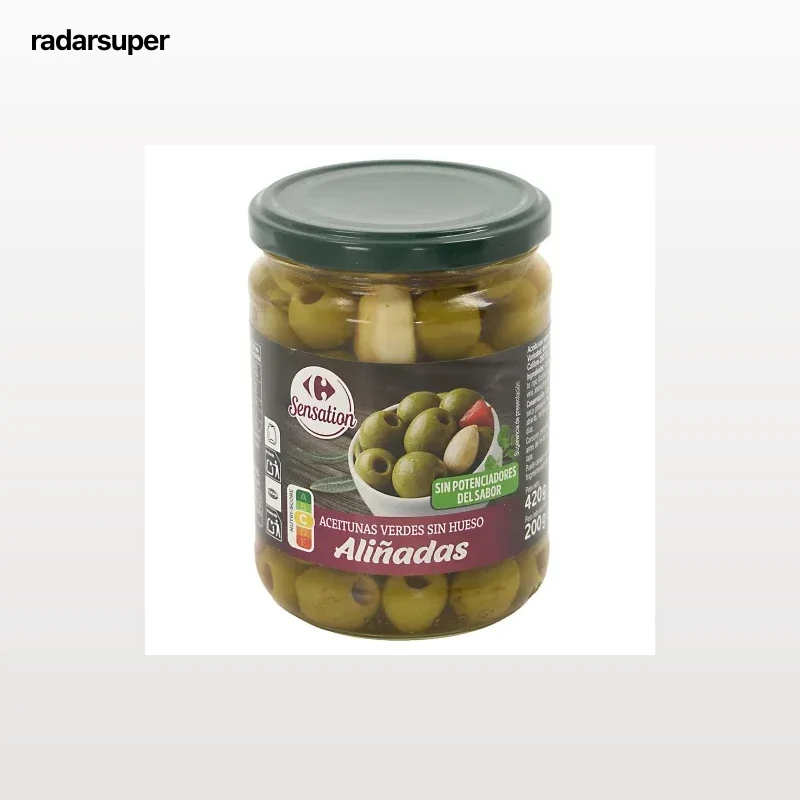 Aceitunas verdes sin hueso aliñadas Carrefour Sensation 200 g.