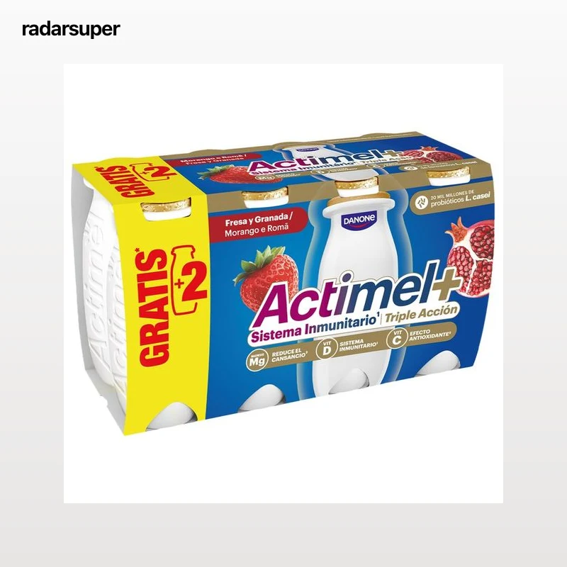 ACTIMEL + de Danone Leche fermentada con Lcasei y sabor a fresa y granada  6 x 94 ml.