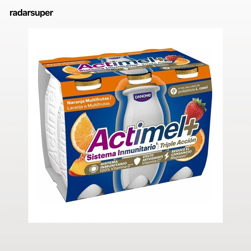 ACTIMEL + de Danone Leche fermentada con Lcasei y sabor a melocotón, fresa, naranja y albaricoque 6 x 100 g.