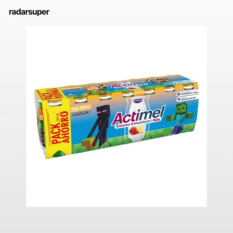 ACTIMEL Kids de Danone Leche fermentada con Lcasei y sabor a fresa y plátano 14 x 100 g.