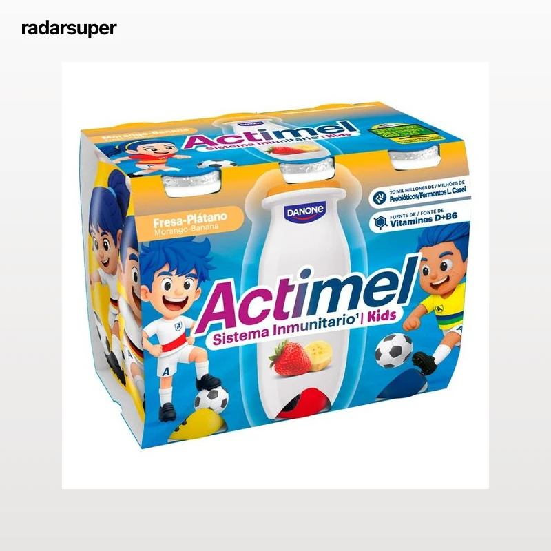ACTIMEL Kids de Danone Leche fermentada con Lcasei con sabor a fresa y plátano 6 x 100 g.