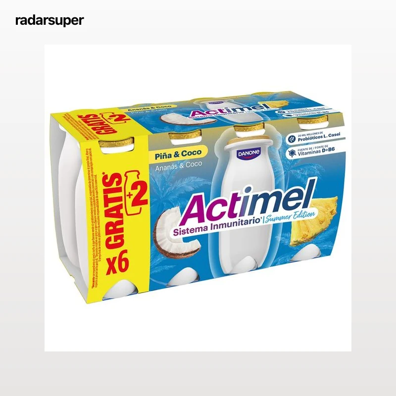 ACTIMEL Summer edition de Danone Leche fermentada con Lcasei y sabor piña y coco 8 x 100 g.