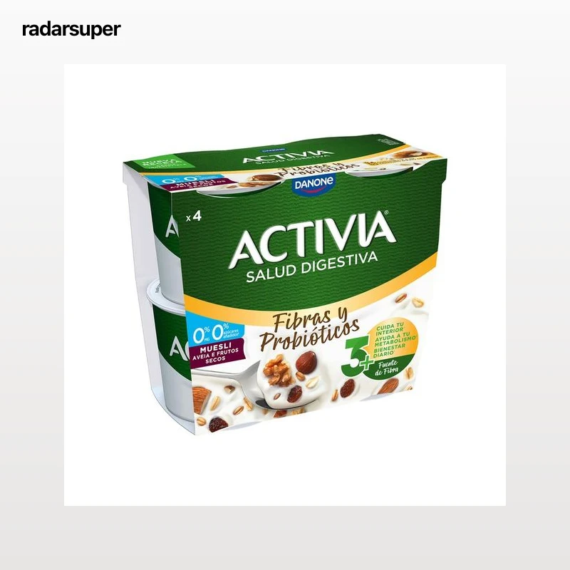 ACTIVIA Bífidus desnatado (0% materia grasa) y muesli (pasas, nueces, almendras y avellana) de Danone 4 x 120 g.