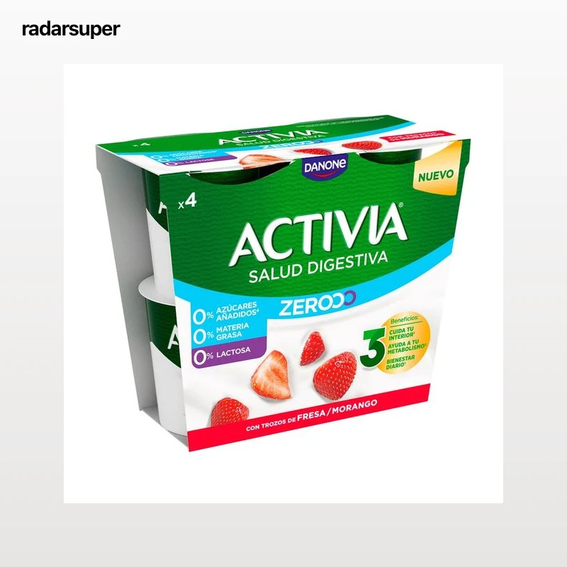 ACTIVIA Triple zero de Danone Bífidus desnatado (0% materia grasa), sin lactosa y con trocitos de fresa 4 x 120 g.