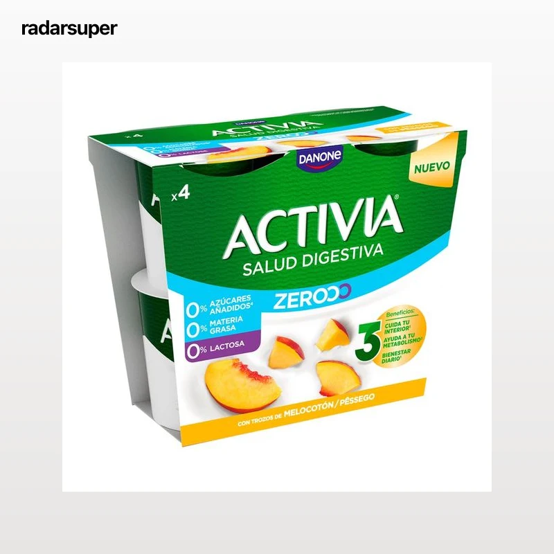 ACTIVIA Triple zero de Danone Bífidus desnatado (0% materia grasa), sin lactosa y con trocitos de melocotón 4 x 120 g.