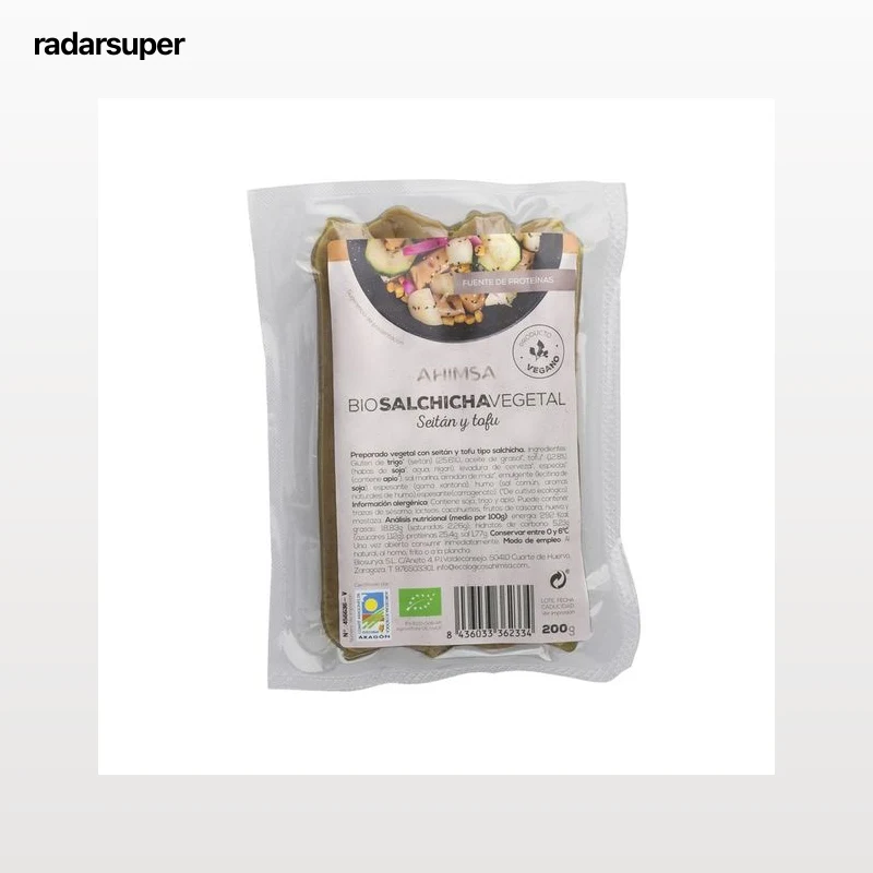 AHIMSA Salchichas vegetales con seitán y tofu tipo salchicha ecológicas AHIMSA 200 g.