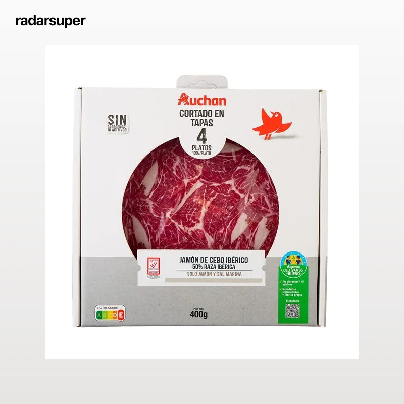 ALCAMPO CULTIVAMOS LO BUENO  Estuche con sobres de jamón de cebo ibérico (50% raza ibérica), cortado en tapas  4 x 100 g.
