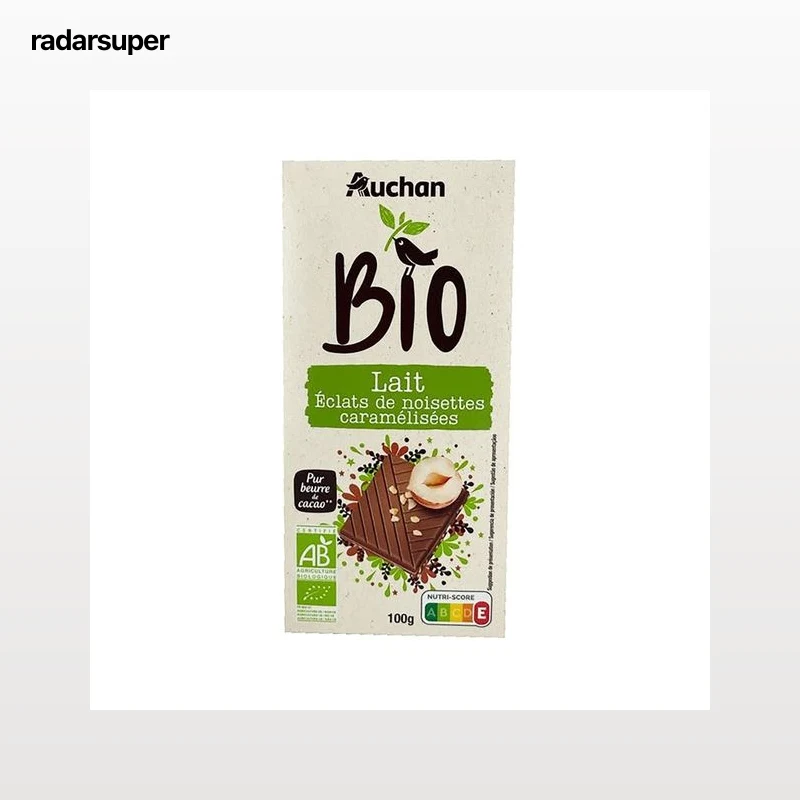 ALCAMPO ECOLÓGICO Chocolate con leche, con trocitos de avellana caramelizada ecológicas 100 g.