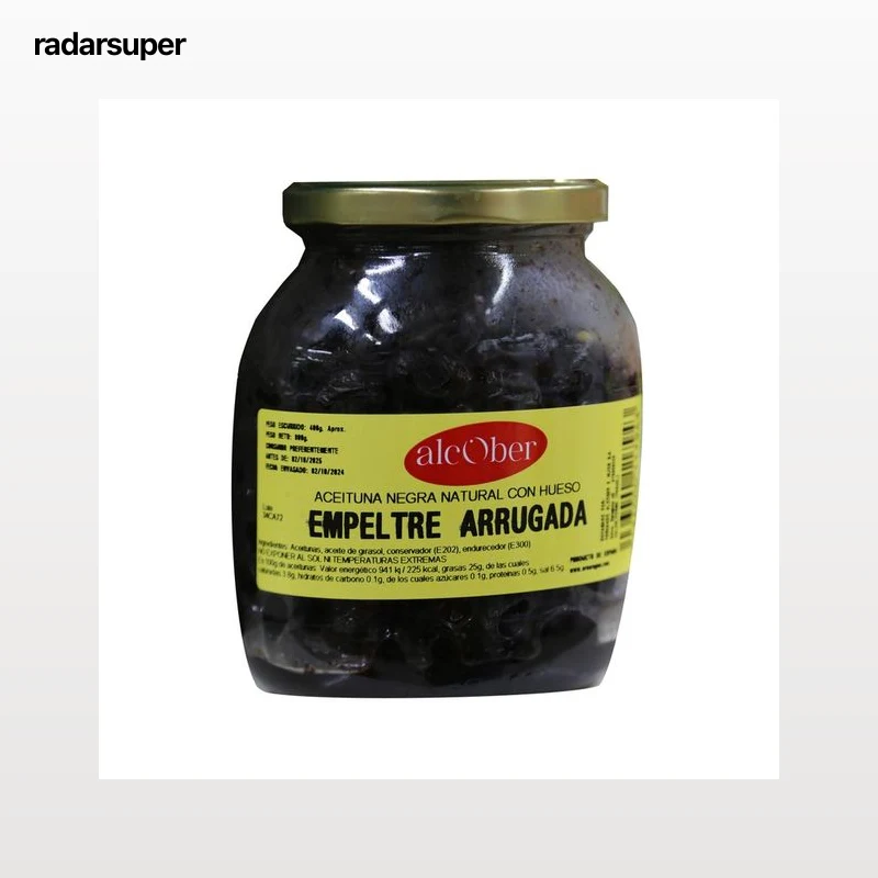 ALCOBER Aceituna negra Aragón empeltre arrugada c/aceite 400 g.