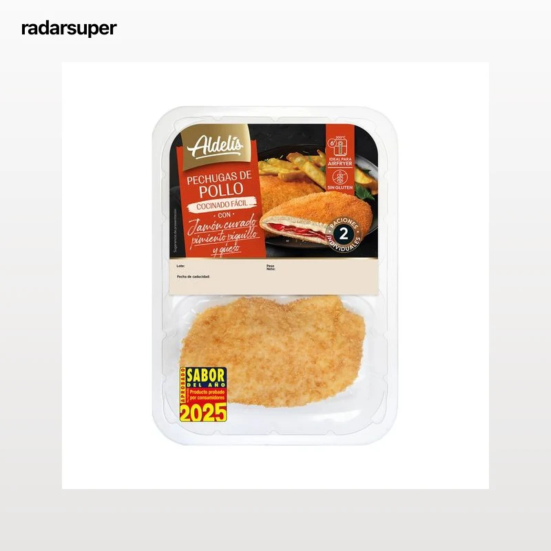 ALDELÍS Pehugas de pollo empanadas y rellenas de jamón curado, pimiento del piquillo y queso 2 uds.