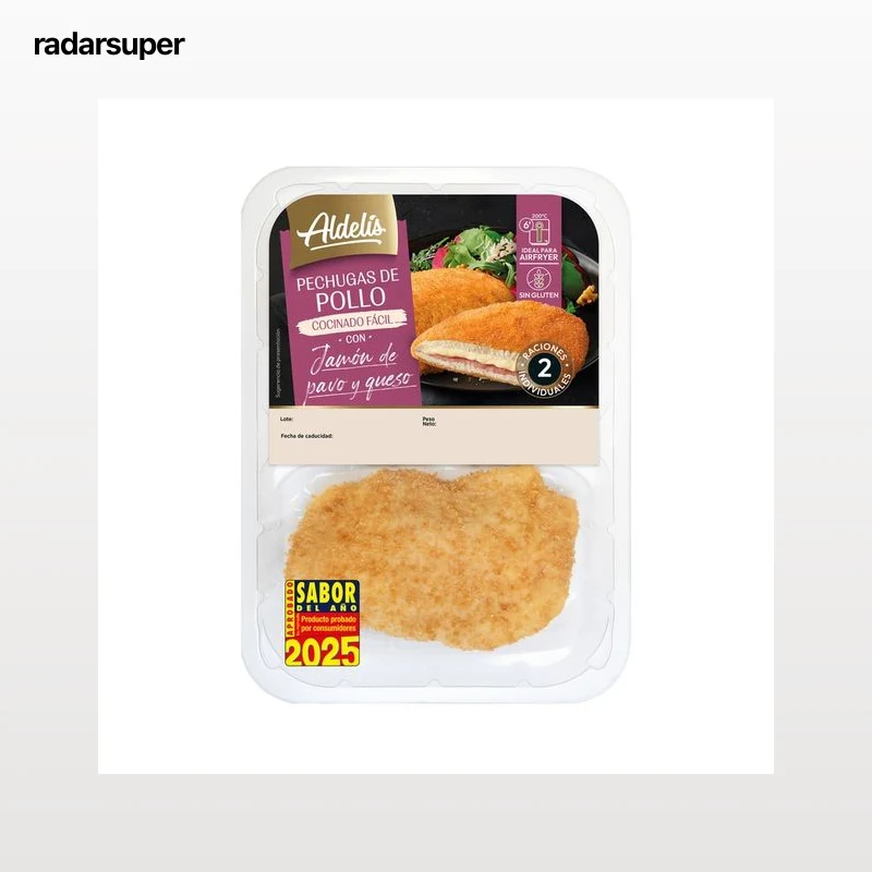 ALDELÍS Pehugas de pollo empanadas y rellenas de jamón de pavo y queso 2 uds.