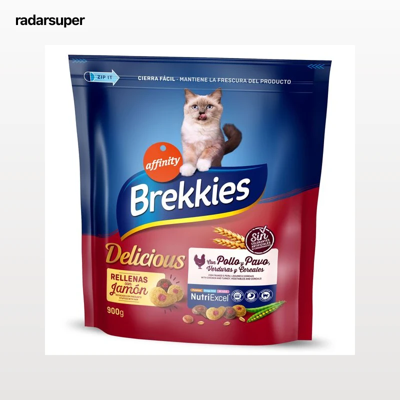 Alimento para gatos con pollo y pavo rellenas de jamón Brekkies Delicious 900 g