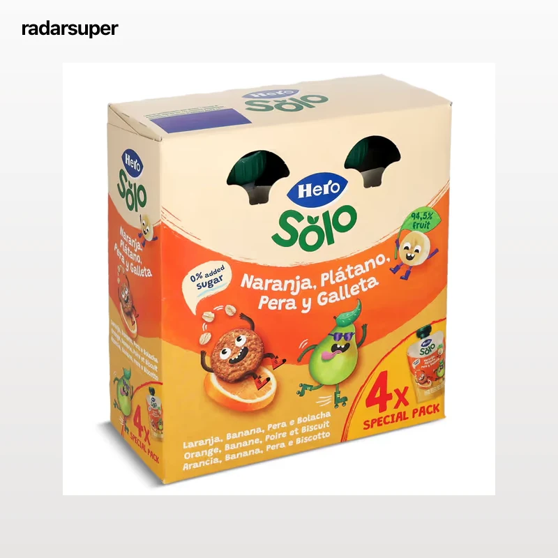 Alimento infantil con puré naranja, plátano, pera y galleta Hero 4 x 100 g