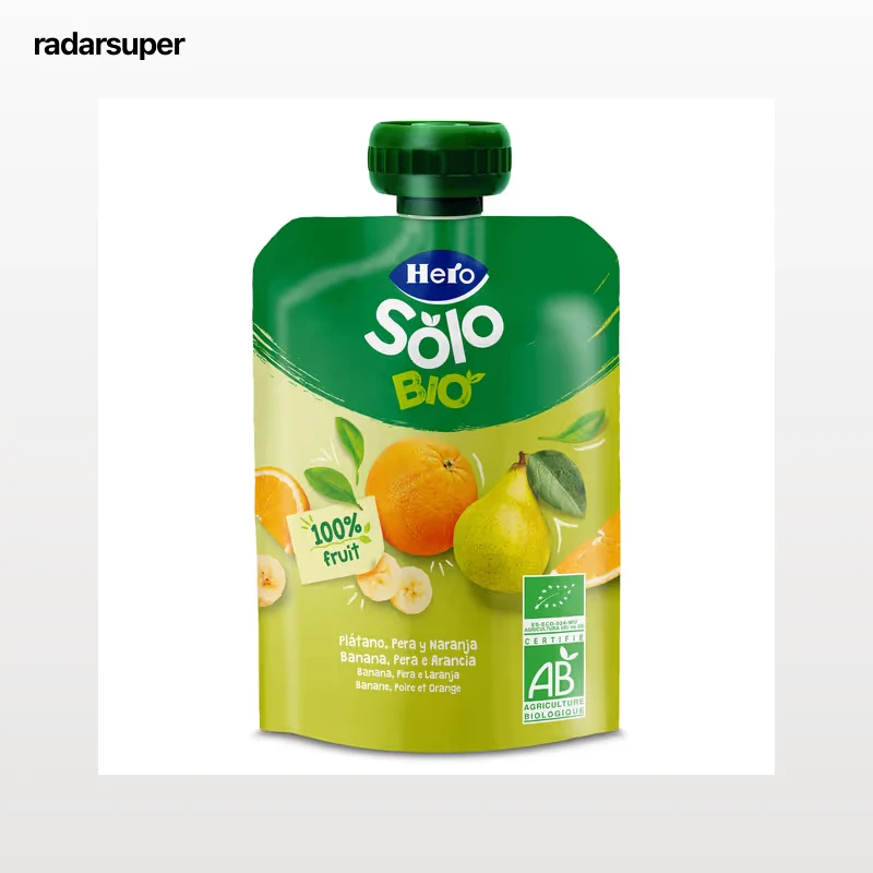 Alimento infantil con puré de pera, plátano y naranja 100% ecológica Hero 100 g