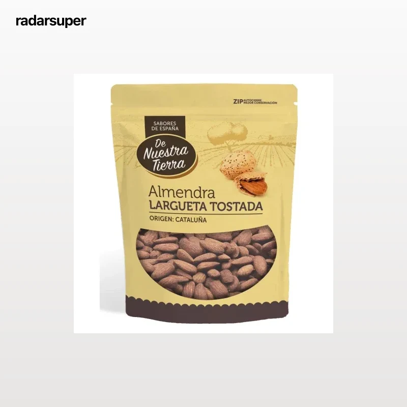 Almendra largeta tostada De Nuestra Tierra doy pack 120 g.