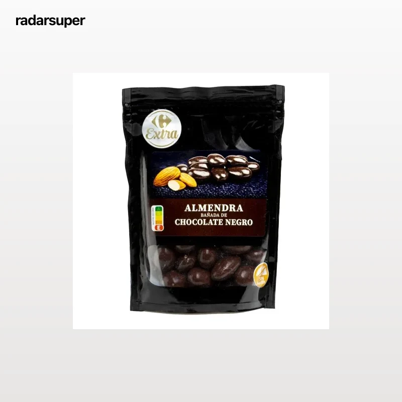 Almendras bañadas en chocolate negro Extra Carrefour sin gluten doy pack 200 g.