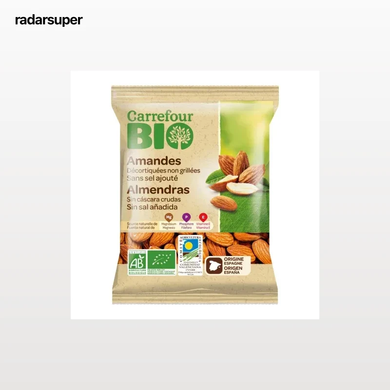 Almendras crudas sin cáscara ecológicas Carrefour Bio sin sal añadida 90 g.