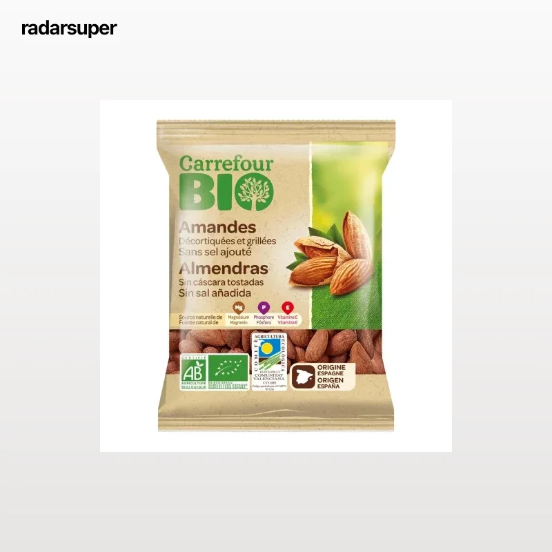 Almendras tostadas sin cáscara sin sal añadida ecológicas Carrefour Bio 90 g.