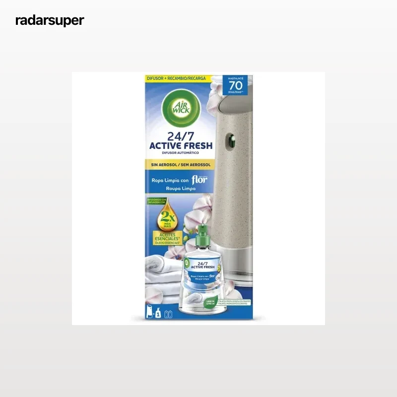 Ambientador spray automático sin aerosol aroma ropa limpia Flor Active Fresh aparato y recambio Air Wick 1 ud..