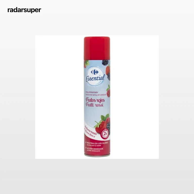 Ambientador spray frutos rojos Essential Carrefour 300 ml.