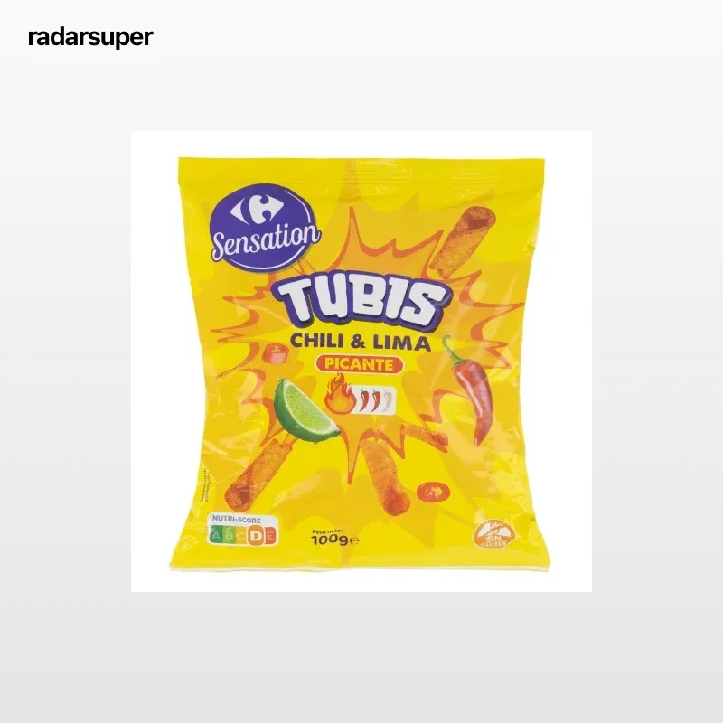 Aperitivo de maíz sabor chili y lima Roll Tubis Sensation Carrefour sin gluten 100 g.