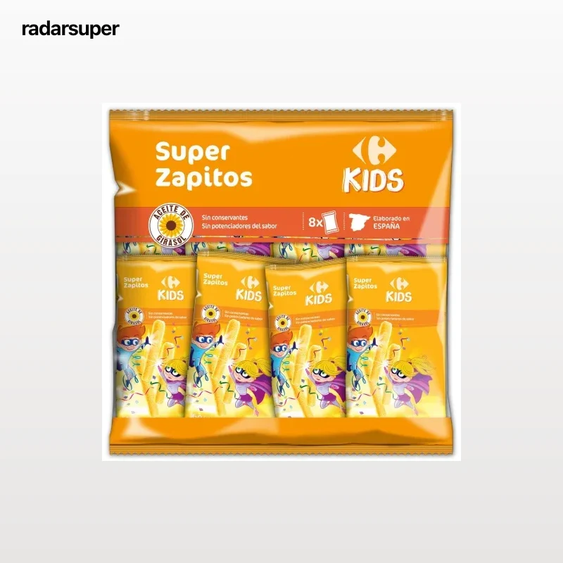 Aperitivo de maíz Super Zapitos Carrefour Kids sin gluten pack de 8 unidades de 6 g.